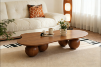 Table basse et à thé en bois de style nordique moderne avec hauteur réglable, couleur et taille personnalisables, design de panneau