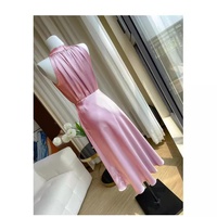 Robe midi en satin rose poudré ultra-brillant, col halter, col plissé, sans manches, taille haute, jupe évasée, pour femme, OEM, sur mesure, en gros