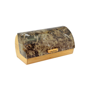 HausRoland Bamboo Bread <b>Box</b> Gray Marble Top Wood Base Kitchen <b>Storage</b> Container For Bread And Pastries - Product Image 2