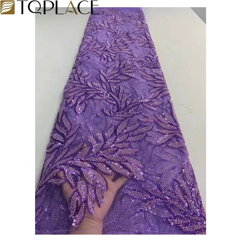 Hochwertige lila Farbe Französisch Spitze Stoff mit Pailletten & Perlen Luxus Stickerei nigerian ischen Tüll Spitze für Hochzeits feier Kleid