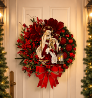 Grande couronne de Noël rouge aux baies, à suspendre à la porte avec nœud, décoration de crèche, pour vitrine de maison, ensemble cadeau de Noël
