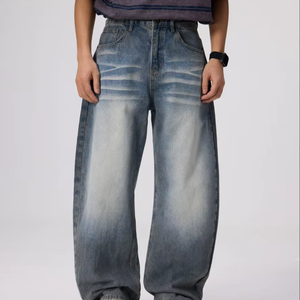 MASILOU Jeans de hombre 100% algodón vintage de pierna ancha, oversize, con logotipo personalizado bordado, rasgados, de tejido sólido, con técnicas de lavado, corte medio - Product Image 1