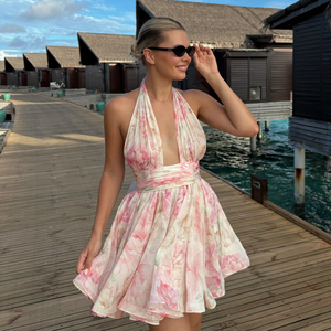 Vestido Mini Halter Floral sin Espalda de Gasa Fluida Ecológico para Mujer, Ideal para Vacaciones en la Playa, Estilo Romántico y Casual de Verano - Product Image 2
