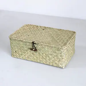 NISEVEN, gran oferta, cestas de regalo de decoración Bohemia para frutas, artículos diversos, cesta de almacenamiento de algas marinas tejida Rectangular, cesta de mimbre cubierta