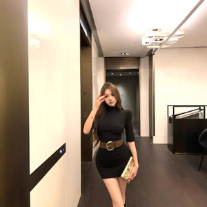 Black Turtleneck Mid Sleeve Dress Women Fitted Waist Slim Fit Solid Color Office Casual Mini Skirt JY 8378 - Product Image 3