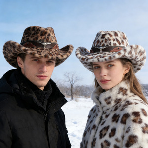 ZhenXi Leopard Print Cowboy Hat M56-58cm Warm Western <b>Style</b> Jazz Hat With Bull <b>Head</b> Belt Accessory - Product Image 3