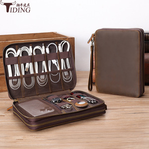 Tiding Genuine Leather Cable <b>Storage</b> Bag Dark Brown Double Layer For Business Travel With <b>Usb</b> Flash Drive And Headphone Slots - Product Image 2