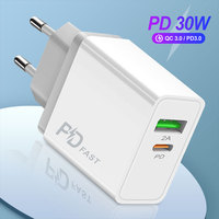 Adaptor pengisi daya ponsel, port ganda 30W ABS pengisi daya Cepat Tipe C USB-A QC3.0 20W Output daya Cepat