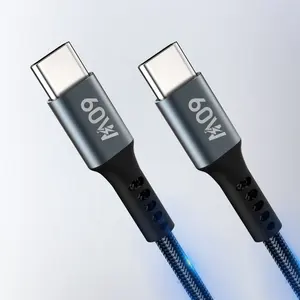 OEM Nylon 60W Type C to Type C Fast Cable USB C Charging Data Cable with Customized Logo 1M 2M For Smart Phone Tablet