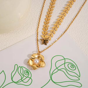 Collar de Doble Capa de Acero Inoxidable 304 con Colgante de Flor Chapado en Oro de 18K de Moda, Electrochapado al Vacío de 18K para Mujer - Product Image 1