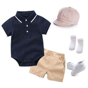 Conjunto de 5 Piezas para Bebé: Mono de Verano Transpirable de Algodón Estilo Preppy con Cuello Camisero + Sombrero + Zapatos + Calcetines + Pantalones Cortos - Product Image 2