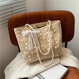 Yeni moda kadınlar saman dokuma şık omuz kanvas çanta bağbozumu büyük kapasiteli bahar ve yaz dantel çiçek saksısı tote çanta - Product Image 4