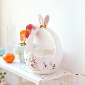 Panier de Pâques créatif en porcelaine avec relief de lapin, peint à la main, motif de fruits de dessin animé, arrangement floral, décoration de Pâques à tenir à la main - Product Image 3