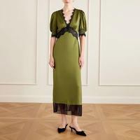Robe midi élégante en satin vert olive sur mesure, avec bordure en dentelle noire, col en V, manches courtes bouffantes, robe de soirée pour femmes
