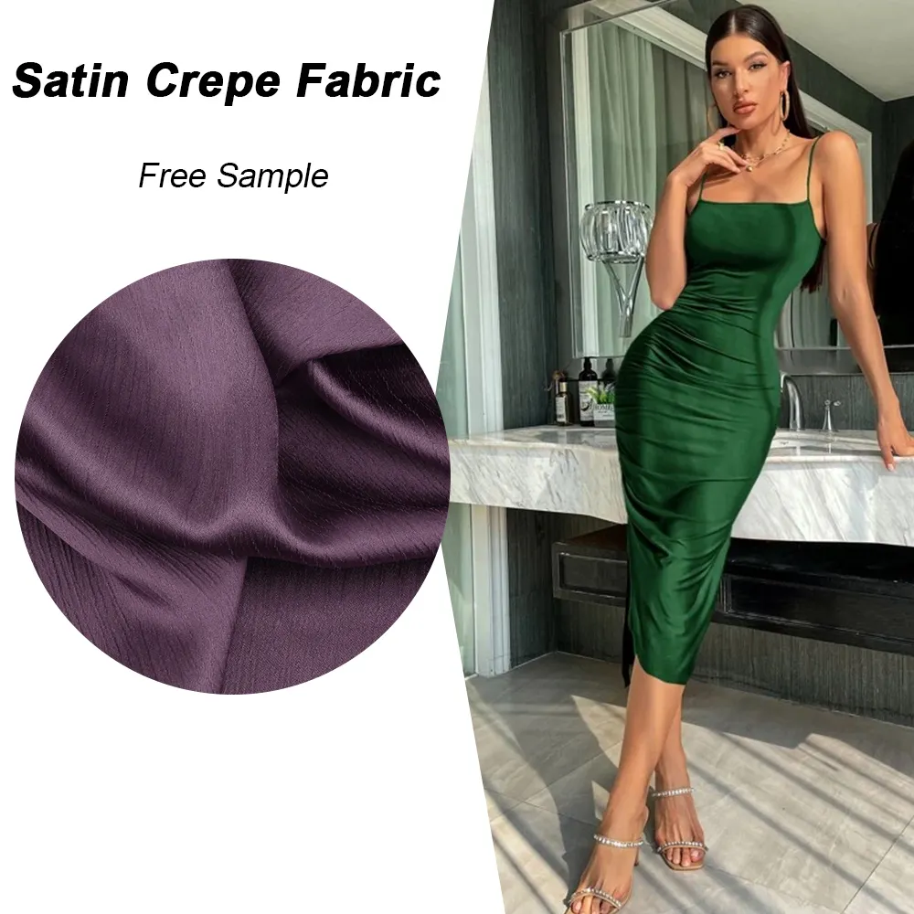 Vente en gros de tissu crêpe satin 100% polyester froissé stretch sinny soyeux de couleur unie