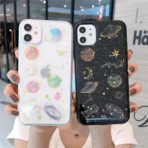 Sarung ponsel perempuan untuk iPhone 13 Pro Moon Universe Planet casing ponsel untuk iPhone 13 14 15 sarung belakang bening berkilau bintang berkilau