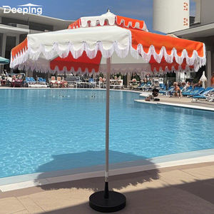 Glamping <span class=keywords><strong>White</strong></span> Fringe Patio Sombrilla de playa de marca Sombrillas para exterior Madera y negro - Product Image 4