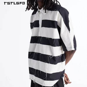 เสื้อยืดผู้ชายไซส์ใหญ่ ทรงหลวม ขอบดิบ แขนสั้น ลายทาง สไตล์โปโล - Product Image 3