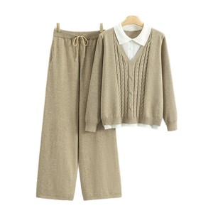 Conjunto de Suéter Tejido para Mujer, Cárdigan Holgado y Cómodo con Cuello en V, Pantalones Anchos de Pierna, Conjunto de Dos Piezas, Otoño Invierno 2026 - Product Image 5
