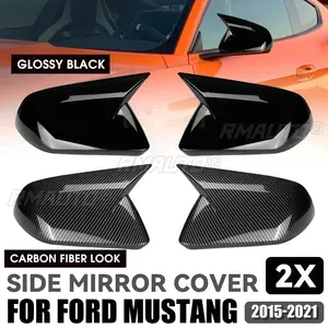2 Cubiertas para Espejos Retrovisores Laterales para Ford Mustang 2015 2016 2017 2018 2019 2020 2021, Color Negro Brillante, Fibra de Carbono - Product Image 2