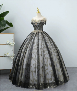 Robe de soirée bleue avec appliques en dentelle, épaules dénudées, longueur au sol, coupe trapèze, style princesse, pour fêtes et banquets - Product Image 5