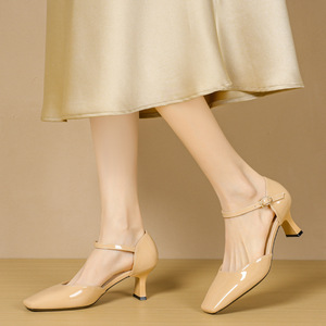 Zapatos de tacón bajo Mary Jane de charol con punta cuadrada y correa al tobillo para mujer, cómodos, 6888B - Product Image 1