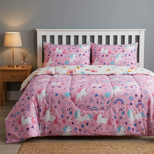 Parure de lit 3 pièces tissée pour enfants, motif licorne et arc-en-ciel, taille double, en polyester, avec fermeture éclair intégrale, pour filles - Collection Meeting Story - Product Image 1