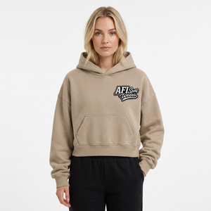 Sweat-shirt à capuche court unisexe en polaire oversize décontracté beige avec poche et imprimé frontal pour l'automne - Product Image 2