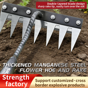 Houe de jardinage et râteau de désherbage en acier inoxydable, outil agricole à manche en bois, 5 dents pour prélever, racler, <span class=keywords><strong>niveler</strong></span>, dégraisser le sol et nettoyer - Product Image 1