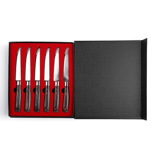 Juego de 6 cuchillos de cocina de acero inoxidable con hoja dentada para cortar carne, frutas y verduras, con mangos de madera. - Product Image 3