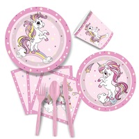 Assiettes, gobelets, serviettes, nappe et bannière jetables sur le thème de la licorne rose pour fête d'anniversaire – Fournitures de table
