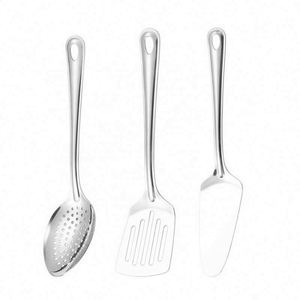 Ensemble d'ustensiles de cuisine en acier inoxydable en gros, outils de cuisson polyvalents : cuillère de service, spatule, écumoire, fourchette, louche à soupe, entonnoir - Product Image 1