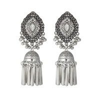 Boucles d'oreilles Jhumka vintage en argent pour femmes, boucles d'oreilles pendantes ethniques bohèmes avec pierre turquoise et pompon cloche, bijoux indiens de style gypsy