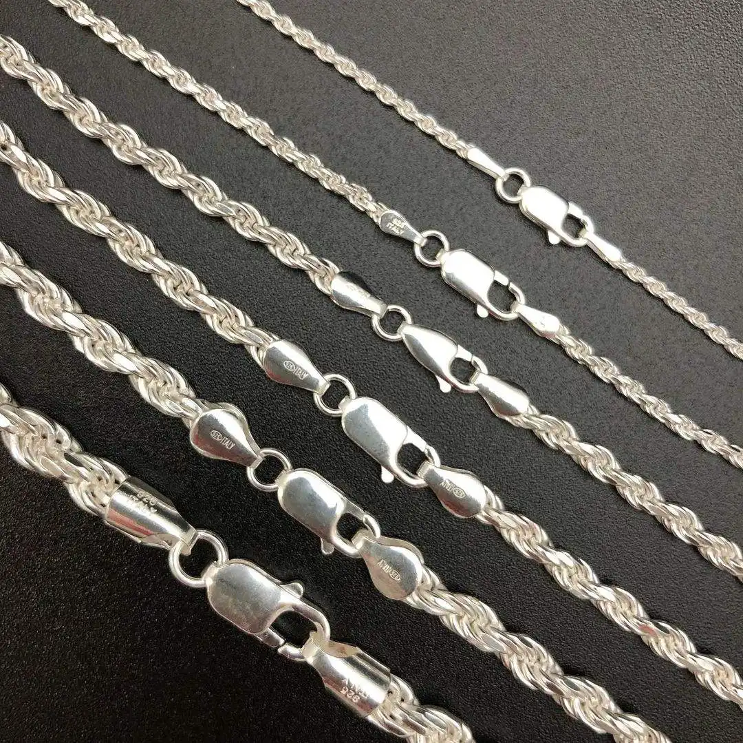Colar de prata esterlina 925 para homens e mulheres, corrente de elo cubano de prata esterlina 925 7 mm 8 mm 14 mm 18 mm 20 mm, colar italiano de corda para homens e mulheres