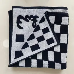 100% Organic Jacquard Beach Towel Water Absorbent Towels Luxury High Gsm With Checkerboard Towel 100% Cotton Bath