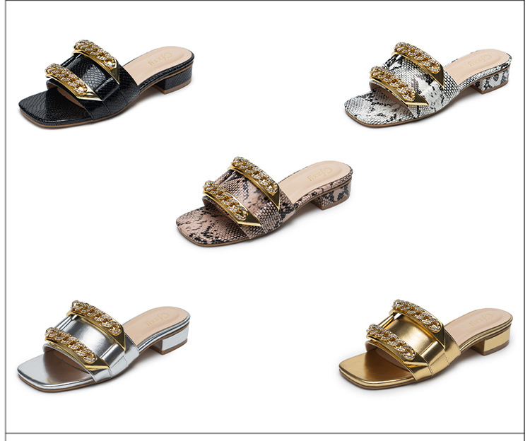 Ladies Fashion Slipper Shoes Rhinestone Chain Low Heel Sandals for Women