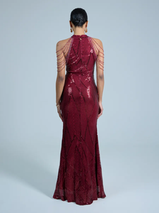 Đầm maxi sequin màu đỏ đô bán chạy dành cho nữ, cổ cao, đính hạt, tua rua, không tay, ôm sát, dự tiệc dạ hội sang trọng - Product Image 3