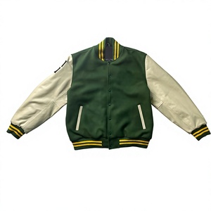 Veste de sport en PU verte pour homme avec manches crème, fermeture à boutons, col rabattu, vêtement décontracté pour l'automne - Product Image 1