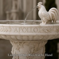 Fontaine Commerciale en Marbre Sculpté à la Main, Statue d'Apollon, Éclairage RGB/Laser, Étanche IP68, Becs en Forme de Coq, Disque Rayonnant, Branche de Laurier