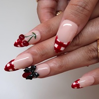 Ongles en acrylique à presser, motif cerise 3D, nœud et rayures, estampage doré, vernis brillant et mat, personnalisables, forme amande, longueur moyenne