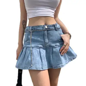 Quần short 2024 ruffles thời trang denim maxi Váy Hot hợp thời trang sexy đàn hồi cao EO XẾP LI denim váy cho phụ nữ mini bên trong