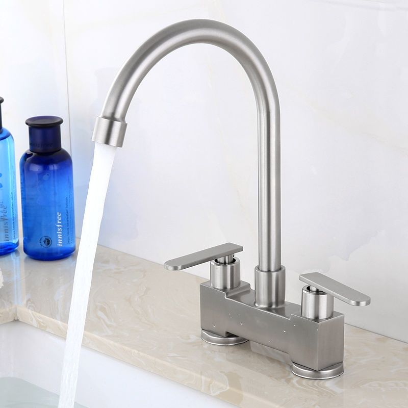 Old Style Stainless Steel Double Handle Hot & Cold Faucet Double Hole for Bathroom Washbasin