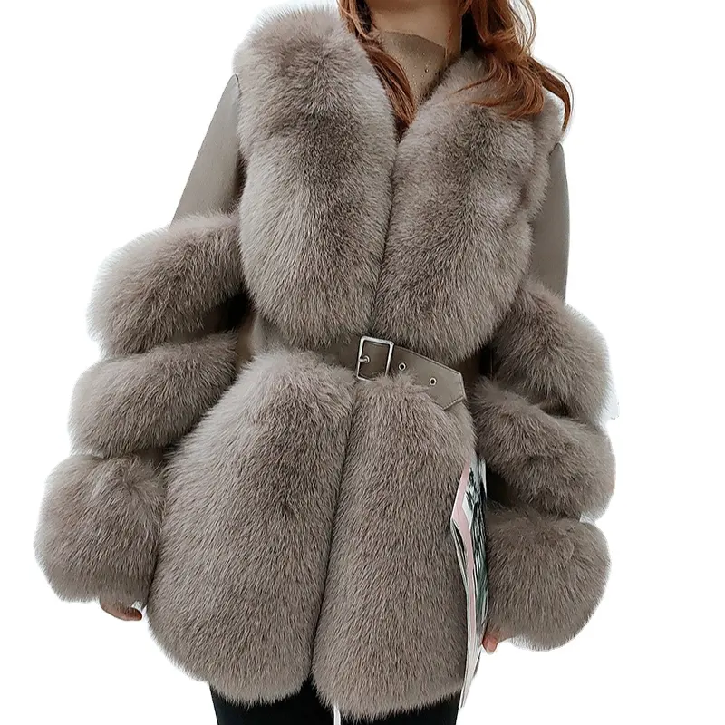 Grosir 70cm mantel bulu panjang wanita Pengiriman CEPAT musim dingin mantel bulu rubah asli dengan sabuk untuk wanita jaket bersabuk