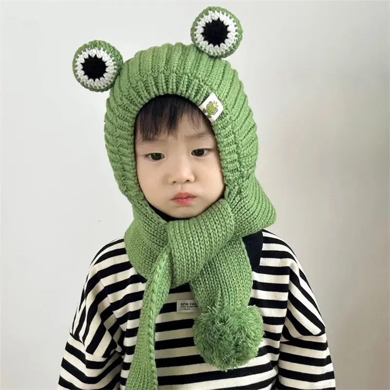 Kış sıcak peluş sevimli kurbağa çocuklar çocuk bebek entegre eşarp ve şapka tığ örgü şapka