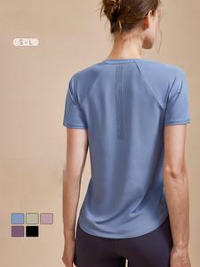 เสื้อยืดกีฬาเรียกเหงื่อแขนสั้นทรงหลวมของผู้หญิงแห้งเร็วระบายอากาศได้ดีเสื้อผ้าฟิตเนสวิ่งโยคะย้อมสีพื้นขายส่ง - Product Image 3
