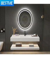 Meuble-lavabo de salle de bain de luxe au design moderne avec éclairage LED, vasque en céramique étanche et armoire de rangement de luxe pour projets et appartements