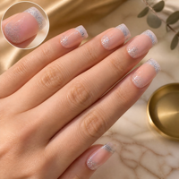 Faux ongles à presser personnalisés, courts, carrés, style French, avec paillettes argentées, rose nude, gel brillant, ABS, effet ombré, vente en gros OEM