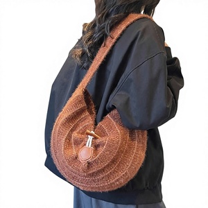 Sac hobo vintage en tricot caramel avec boucle en corne, sac à bandoulière décontracté pour femmes - Product Image 1