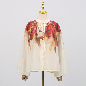 Abito stile <span class=keywords><strong>palazzo</strong></span> francese da donna 2025 <span class=keywords><strong>estate</strong></span> nuova camicia stampata con maniche a lanterna + gonna a vita alta a fiori Set due pezzi - Product Image 5