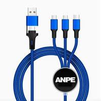 Câble de charge rapide 3-en-1 double entrée bleu compatible avec Type C pour smartphone, logo personnalisé, cadeau d'entreprise